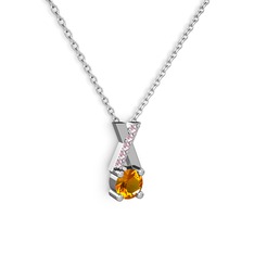 Taşlı Daire X kolye - Sitrin ve pembe kuvars 14 ayar beyaz altın kolye (40 cm beyaz altın rolo zincir) #cz02r1