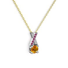 Sitrin ve rodolit garnet 8 ayar beyaz altın kolye (40 cm altın rolo zincir)