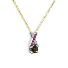 Dumanlı kuvars ve rodolit garnet 18 ayar beyaz altın kolye (40 cm altın rolo zincir)