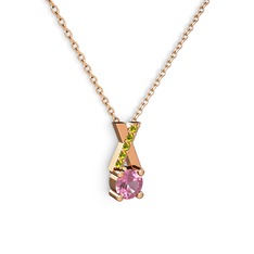 Taşlı Daire X kolye - Pembe kuvars ve peridot 925 ayar rose altın kaplama gümüş kolye (40 cm rose altın rolo zincir) #hct21g