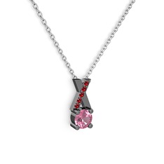 Pembe kuvars ve garnet 925 ayar siyah rodyum kaplama gümüş kolye (40 cm gümüş rolo zincir)