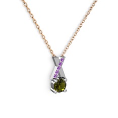 Peridot ve ametist 14 ayar beyaz altın kolye (40 cm rose altın rolo zincir)