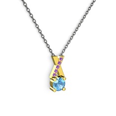 Taşlı Daire X kolye - Akuamarin ve ametist 8 ayar altın kolye (40 cm gümüş rolo zincir) #ikm6i1