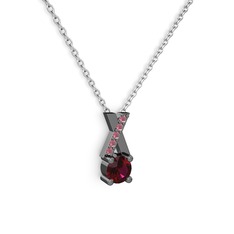 Rodolit garnet ve kök yakut 925 ayar siyah rodyum kaplama gümüş kolye (40 cm gümüş rolo zincir)