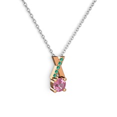 Pembe kuvars ve yeşil kuvars 14 ayar rose altın kolye (40 cm beyaz altın rolo zincir)