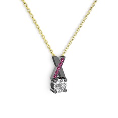 Taşlı Daire X kolye - Beyaz zirkon ve rodolit garnet 925 ayar siyah rodyum kaplama gümüş kolye (40 cm gümüş rolo zincir) #l0vgwd