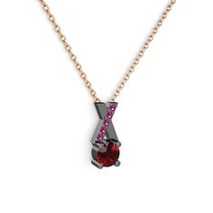 Taşlı Daire X kolye - Garnet ve rodolit garnet 925 ayar siyah rodyum kaplama gümüş kolye (40 cm rose altın rolo zincir) #l9hnlw