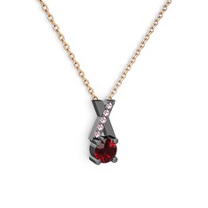Taşlı Daire X kolye - Garnet ve pembe kuvars 925 ayar siyah rodyum kaplama gümüş kolye (40 cm rose altın rolo zincir) #ldelah