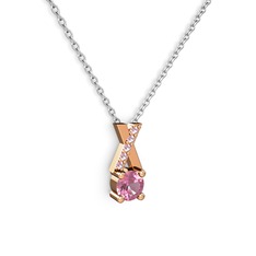 Taşlı Daire X kolye - Pembe kuvars 8 ayar rose altın kolye (40 cm beyaz altın rolo zincir) #m3xrii