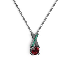 Taşlı Daire X kolye - Garnet ve yeşil kuvars 925 ayar siyah rodyum kaplama gümüş kolye (40 cm gümüş rolo zincir) #o3abt5