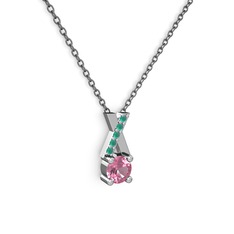 Pembe kuvars ve kök zümrüt 18 ayar beyaz altın kolye (40 cm gümüş rolo zincir)