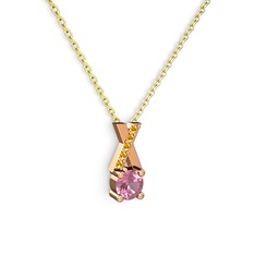 Taşlı Daire X kolye - Pembe kuvars ve sitrin 8 ayar rose altın kolye (40 cm altın rolo zincir) #revf46