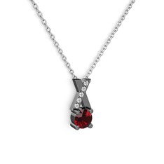 Taşlı Daire X kolye - Garnet ve pırlanta 925 ayar siyah rodyum kaplama gümüş kolye (0.075 karat, 40 cm beyaz altın rolo zincir) #ss3vsw