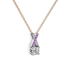 Taşlı Daire X kolye - Swarovski ve ametist 14 ayar beyaz altın kolye (40 cm rose altın rolo zincir) #tku2im