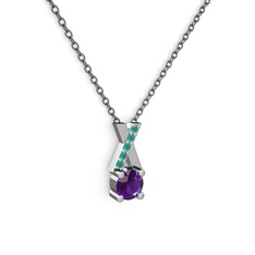 Ametist ve kök zümrüt 18 ayar beyaz altın kolye (40 cm gümüş rolo zincir)