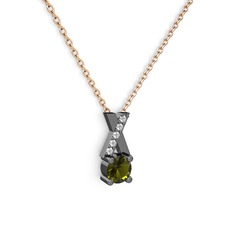 Taşlı Daire X kolye - Peridot ve beyaz zirkon 925 ayar siyah rodyum kaplama gümüş kolye (40 cm rose altın rolo zincir) #uo2dbv