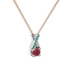 Taşlı Daire X kolye - Kök yakut ve kök zümrüt 18 ayar beyaz altın kolye (40 cm rose altın rolo zincir) #vxkqkh