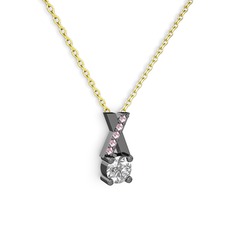 Taşlı Daire X kolye - Swarovski ve pembe kuvars 925 ayar siyah rodyum kaplama gümüş kolye (40 cm altın rolo zincir) #y250wz
