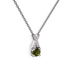 Peridot ve pembe kuvars 18 ayar beyaz altın kolye (40 cm gümüş rolo zincir)