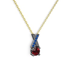 Taşlı Daire X kolye - Garnet ve lab safir 925 ayar siyah rodyum kaplama gümüş kolye (40 cm altın rolo zincir) #y9nz19