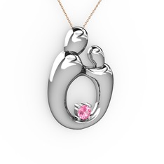 Aile Kolye - Pembe kuvars 8 ayar beyaz altın kolye (40 cm rose altın rolo zincir) #cutdwm