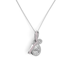 Pembe kuvars ve beyaz zirkon 925 ayar gümüş kolye (40 cm beyaz altın rolo zincir)
