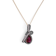Pembe kuvars ve rodolit garnet 925 ayar siyah rodyum kaplama gümüş kolye (40 cm rose altın rolo zincir)