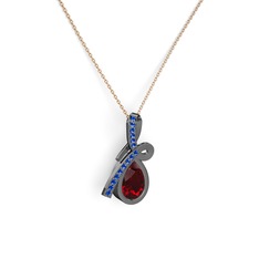 Büyük Ria Kolye - Lab safir ve garnet 925 ayar siyah rodyum kaplama gümüş kolye (40 cm rose altın rolo zincir) #1556gbp