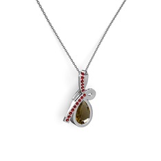 Garnet ve dumanlı kuvars 14 ayar beyaz altın kolye (40 cm gümüş rolo zincir)