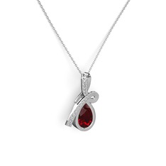 Pırlanta ve garnet 18 ayar beyaz altın kolye (0.225 karat, 40 cm beyaz altın rolo zincir)