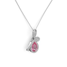 Pırlanta ve pembe kuvars 18 ayar beyaz altın kolye (0.225 karat, 40 cm beyaz altın rolo zincir)