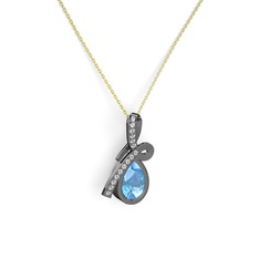 Swarovski ve akuamarin 925 ayar siyah rodyum kaplama gümüş kolye (40 cm altın rolo zincir)