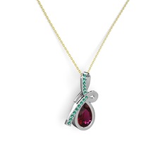 Yeşil kuvars ve rodolit garnet 14 ayar beyaz altın kolye (40 cm gümüş rolo zincir)