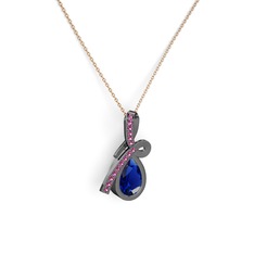 Rodolit garnet ve lab safir 925 ayar siyah rodyum kaplama gümüş kolye (40 cm gümüş rolo zincir)