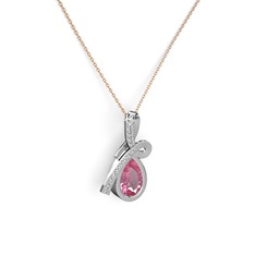 Büyük Ria Kolye - Swarovski ve pembe kuvars 14 ayar beyaz altın kolye (40 cm rose altın rolo zincir) #1hsex53