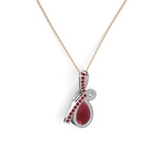 Garnet ve kök yakut 8 ayar beyaz altın kolye (40 cm rose altın rolo zincir)