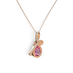 Beyaz zirkon ve pembe kuvars 18 ayar rose altın kolye (40 cm rose altın rolo zincir)