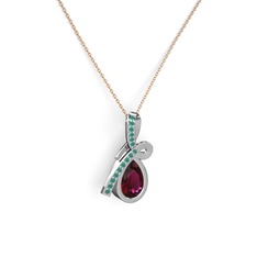 Kök zümrüt ve rodolit garnet 8 ayar beyaz altın kolye (40 cm rose altın rolo zincir)