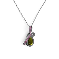 Rodolit garnet ve peridot 925 ayar siyah rodyum kaplama gümüş kolye (40 cm gümüş rolo zincir)
