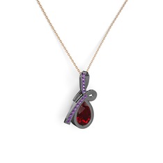 Ametist ve garnet 925 ayar siyah rodyum kaplama gümüş kolye (40 cm gümüş rolo zincir)