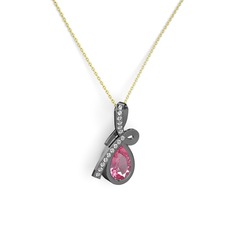 Büyük Ria Kolye - Swarovski ve pembe kuvars 925 ayar siyah rodyum kaplama gümüş kolye (40 cm altın rolo zincir) #1r3kor6