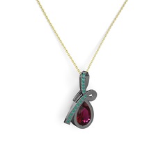 Büyük Ria Kolye - Kök zümrüt ve rodolit garnet 925 ayar siyah rodyum kaplama gümüş kolye (40 cm altın rolo zincir) #1uudlng
