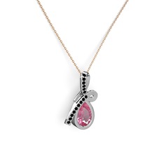 Siyah zirkon ve pembe kuvars 18 ayar beyaz altın kolye (40 cm rose altın rolo zincir)