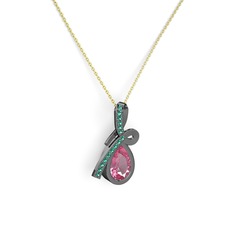 Yeşil kuvars ve pembe kuvars 925 ayar siyah rodyum kaplama gümüş kolye (40 cm altın rolo zincir)