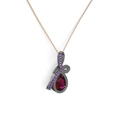 Büyük Ria Kolye - Ametist ve rodolit garnet 925 ayar siyah rodyum kaplama gümüş kolye (40 cm rose altın rolo zincir) #1yyvdlh