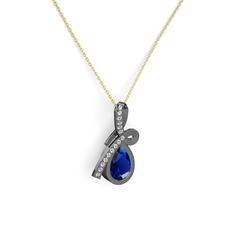 Swarovski ve lab safir 925 ayar siyah rodyum kaplama gümüş kolye (40 cm altın rolo zincir)