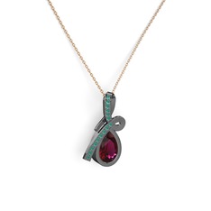 Büyük Ria Kolye - Kök zümrüt ve rodolit garnet 925 ayar siyah rodyum kaplama gümüş kolye (40 cm rose altın rolo zincir) #630mhk