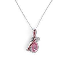 Büyük Ria Kolye - Garnet ve pembe kuvars 8 ayar beyaz altın kolye (40 cm beyaz altın rolo zincir) #80822x