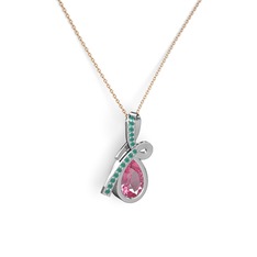 Büyük Ria Kolye - Kök zümrüt ve pembe kuvars 14 ayar beyaz altın kolye (40 cm rose altın rolo zincir) #96e09y
