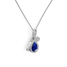 Pırlanta ve lab safir 8 ayar beyaz altın kolye (0.225 karat, 40 cm gümüş rolo zincir)